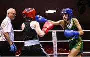 30 May 2025; Kaiden McKenna of Castleblayney BC, right, in action against Heidi Carolan of East Meath BC during their bout at the 2025 National Senior Cadet Championship Finals at the National Boxing Stadium in Dublin. Photo by David Fitzgerald/Sportsfile
