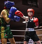 30 May 2025; Heidi Carolan of East Meath BC, right, in action against Kaiden McKenna of Castleblayney BC during their bout at the 2025 National Senior Cadet Championship Finals at the National Boxing Stadium in Dublin. Photo by David Fitzgerald/Sportsfile