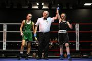 30 May 2025; Heidi Carolan of East Meath BC, celebrates after winning her bout against Kaiden McKenna of Castleblayney BC during the 2025 National Senior Cadet Championship Finals at the National Boxing Stadium in Dublin. Photo by David Fitzgerald/Sportsfile