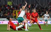 30 May 2025; Amber Barrett of Republic of Ireland is tackled by Meryem Çal and Sejde Abrahamsson of Türkiye during the UEFA Women's Nations League, League B match between Türkiye and Republic of Ireland at Esenler Stadium in Istanbul, Türkiye. Photo by Stephen McCarthy/Sportsfile