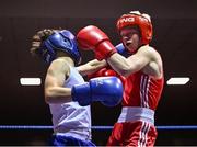 30 May 2025; Joshua Cairns of Oakleaf BC, right, in action against Zack Kenny of Elite M BC during their bout at the 2025 National Senior Cadet Championship Finals at the National Boxing Stadium in Dublin. Photo by David Fitzgerald/Sportsfile