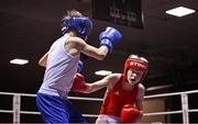 30 May 2025; Joshua Cairns of Oakleaf BC, right, in action against Zack Kenny of Elite M BC during their bout at the 2025 National Senior Cadet Championship Finals at the National Boxing Stadium in Dublin. Photo by David Fitzgerald/Sportsfile