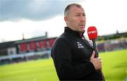30 May 2025; Bohemians manager Alan Reynolds is interviwed by Virgin Media Sport before the SSE Airtricity Men's Premier Division match between Bohemians and Derry City at Dalymount Park in Dublin. Photo by Seb Daly/Sportsfile