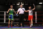 30 May 2025; Rylee Finn of St Nicholas BC celebrates after winning his bout against Pat Stokes of Olympic BC during the 2025 National Senior Cadet Championship Finals at the National Boxing Stadium in Dublin. Photo by David Fitzgerald/Sportsfile