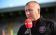 30 May 2025; Bohemians manager Alan Reynolds is interviwed by Virgin Media Sport before the SSE Airtricity Men's Premier Division match between Bohemians and Derry City at Dalymount Park in Dublin. Photo by Seb Daly/Sportsfile