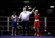 30 May 2025; Joshua Cairns of Oakleaf BC, right, celebrates after winning their bout against Zack Kenny of Elite M BC during their bout at the 2025 National Senior Cadet Championship Finals at the National Boxing Stadium in Dublin. Photo by David Fitzgerald/Sportsfile