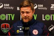 30 May 2025; Shelbourne manager Damien Duff  is interviewed by LOITV before the SSE Airtricity Men's Premier Division match between Cork City and Shelbourne at Turner's Cross in Cork. Photo by Michael P Ryan/Sportsfile