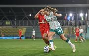30 May 2025; Kyra Carusa of Republic of Ireland in action against Busem Seker of Türkiye during the UEFA Women's Nations League, League B match between Türkiye and Republic of Ireland at Esenler Stadium in Istanbul, Türkiye. Photo by Stephen McCarthy/Sportsfile