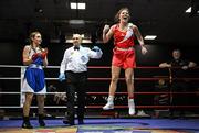 30 May 2025; Abby Murray of Muskerry BC, right, celebrates after winning their bout against Evelyn Spicer of Enniskerry BC during their bout at the 2025 National Senior Cadet Championship Finals at the National Boxing Stadium in Dublin. Photo by David Fitzgerald/Sportsfile