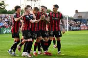 30 May 2025; Dayle Rooney of Bohemians, centre, celebrates with teammates after scoring their side's during the SSE Airtricity Men's Premier Division match between Bohemians and Derry City at Dalymount Park in Dublin. Photo by Seb Daly/Sportsfile