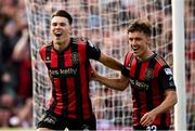 30 May 2025; Dayle Rooney of Bohemians, left, celebrates with teammate Archie Meekison after scoring his side's first goal during the SSE Airtricity Men's Premier Division match between Bohemians and Derry City at Dalymount Park in Dublin. Photo by Seb Daly/Sportsfile