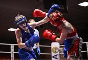 30 May 2025; Sean Kelly of St Abbans/Kilmyshall BC, left, in action against Jack Jones of Sacred Heart D during their bout at the 2025 National Senior Cadet Championship Finals at the National Boxing Stadium in Dublin. Photo by David Fitzgerald/Sportsfile
