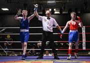 30 May 2025; Sean Kelly of St Abbans/Kilmyshall BC, left, celebrates after winning his bout against Jack Jones of Sacred Heart D during the 2025 National Senior Cadet Championship Finals at the National Boxing Stadium in Dublin. Photo by David Fitzgerald/Sportsfile