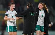 30 May 2025; Emily Murphy of Republic of Ireland, left, celebrates with teammates Lucy Quinn and Amber Barrett after the UEFA Women's Nations League, League B match between Türkiye and Republic of Ireland at Esenler Stadium in Istanbul, Türkiye. Photo by Stephen McCarthy/Sportsfile