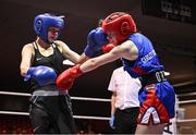 30 May 2025; Aliegha Murphy of Ballybrack BC, left, in action against Carly O’Herrin of Rochfortbridge BC during their bout at the 2025 National Senior Cadet Championship Finals at the National Boxing Stadium in Dublin. Photo by David Fitzgerald/Sportsfile