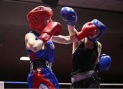 30 May 2025; Aliegha Murphy of Ballybrack BC, right, in action against Carly O’Herrin of Rochfortbridge BC during their bout at the 2025 National Senior Cadet Championship Finals at the National Boxing Stadium in Dublin. Photo by David Fitzgerald/Sportsfile