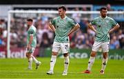 30 May 2025; Derry City players Danny Mullen, centre, and Michael Duffy during the SSE Airtricity Men's Premier Division match between Bohemians and Derry City at Dalymount Park in Dublin. Photo by Seb Daly/Sportsfile