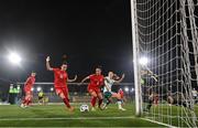 30 May 2025; Kyra Carusa of Republic of Ireland in action against Meryem Çal and Ilayda Civelek of Türkiye during the UEFA Women's Nations League, League B Group B2 match between Türkiye and Republic of Ireland at Esenler Erok Stadium in Istanbul, Türkiye.