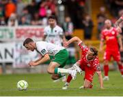 30 May 2025; Darragh Crowley of Cork City is tackled by Harry Wood of Shelbourne during the SSE Airtricity Men's Premier Division match between Cork City and Shelbourne at Turner's Cross in Cork. Photo by Michael P Ryan/Sportsfile