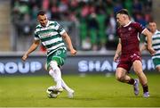 30 May 2025; Graham Burke of Shamrock Rovers in action against Edward McCarthy of Galway United during the SSE Airtricity Men's Premier Division match between Shamrock Rovers and Galway United at Tallaght Stadium in Dublin. Photo by Piaras Ó Mídheach/Sportsfile