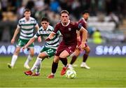 30 May 2025; Cian Byrne of Galway United in action against Cory O'Sullivan of Shamrock Rovers during the SSE Airtricity Men's Premier Division match between Shamrock Rovers and Galway United at Tallaght Stadium in Dublin. Photo by Piaras Ó Mídheach/Sportsfile