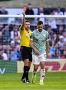 30 May 2025; Referee Rob Hennessy shows a red card to Robbie Benson of Derry City during the SSE Airtricity Men's Premier Division match between Bohemians and Derry City at Dalymount Park in Dublin. Photo by Seb Daly/Sportsfile