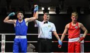 30 May 2025; Lorcan Holohan of Portlaoise BC, left, celebrates after winning his bout against Phoenix Kenny of Baldoyle BC during the 2025 National Senior Cadet Championship Finals at the National Boxing Stadium in Dublin. Photo by David Fitzgerald/Sportsfile