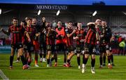 30 May 2025; Sean Grehan of Bohemians, right, celebrates with teammates after their side's victory in the SSE Airtricity Men's Premier Division match between Bohemians and Derry City at Dalymount Park in Dublin. Photo by Seb Daly/Sportsfile