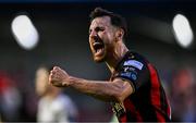 30 May 2025; Jordan Flores of Bohemians celebrates after his side's victory in the SSE Airtricity Men's Premier Division match between Bohemians and Derry City at Dalymount Park in Dublin. Photo by Seb Daly/Sportsfile