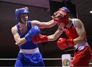 30 May 2025; Darren O’Toole of Jobstown BC, left, in action against Niall O’Driscoll of Muskerry BC during their bout at the 2025 National Senior Cadet Championship Finals at the National Boxing Stadium in Dublin. Photo by David Fitzgerald/Sportsfile