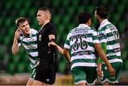 30 May 2025; Referee Kevin O'Sullivan and Matt Healy of Shamrock Rovers during the SSE Airtricity Men's Premier Division match between Shamrock Rovers and Galway United at Tallaght Stadium in Dublin. Photo by Piaras Ó Mídheach/Sportsfile