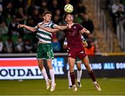 30 May 2025; Matt Healy of Shamrock Rovers in action against Patrick Hickey of Galway United during the SSE Airtricity Men's Premier Division match between Shamrock Rovers and Galway United at Tallaght Stadium in Dublin. Photo by Piaras Ó Mídheach/Sportsfile