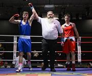 30 May 2025; Darren O’Toole of Jobstown BC, left, celebrates after winning his bout against Niall O’Driscoll of Muskerry BC during the 2025 National Senior Cadet Championship Finals at the National Boxing Stadium in Dublin. Photo by David Fitzgerald/Sportsfile