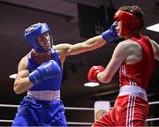 30 May 2025; John Ward of Monivea BC, left, in action against Martin Collins of Baldoyle BC during their bout at the 2025 National Senior Cadet Championship Finals at the National Boxing Stadium in Dublin. Photo by David Fitzgerald/Sportsfile