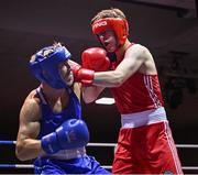 30 May 2025; Martin Collins of Baldoyle BC, right, in action against John Ward of Monivea BC during their bout at the 2025 National Senior Cadet Championship Finals at the National Boxing Stadium in Dublin. Photo by David Fitzgerald/Sportsfile