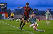30 May 2025; Colm Whelan of Bohemians is tackled by Sam Todd of Derry City during the SSE Airtricity Men's Premier Division match between Bohemians and Derry City at Dalymount Park in Dublin. Photo by Seb Daly/Sportsfile