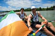 31 May 2025; Konan Pazzaia, in front, and Fintan McCarthy of Ireland celebrate after winning bronze in the Men’s Double Sculls M2- B Final at the 2025 European Rowing Championships at Plovdiv Canoe and Rowing Centre in Plovdiv, Bulgaria. Photo by Nikola Krstic/Sportsfile