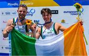 31 May 2025; Konan Pazzaia, left, and Fintan McCarthy of Ireland celebrate after winning bronze in the Men’s Double Sculls M2- B Final at the 2025 European Rowing Championships at Plovdiv Canoe and Rowing Centre in Plovdiv, Bulgaria. Photo by Nikola Krstic/Sportsfile
