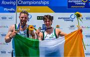 31 May 2025; Konan Pazzaia, left, and Fintan McCarthy of Ireland celebrate after winning bronze in the Men’s Double Sculls M2- B Final at the 2025 European Rowing Championships at Plovdiv Canoe and Rowing Centre in Plovdiv, Bulgaria. Photo by Nikola Krstic/Sportsfile