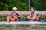 31 May 2025; Margaret Cremin, left, and Zoe Hyde of Ireland after the Women’s Double Sculls B Final at the 2025 European Rowing Championships at Plovdiv Canoe and Rowing Centre in Plovdiv, Bulgaria. Photo by Nikola Krstic/Sportsfile