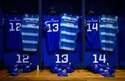 31 May 2025; The jersey of Jordie Barrett, Jamie Osborne and Jimmy O'Brien in the Leinster dressingroom before the United Rugby Championship quarter-final match between Leinster and Scarlets at the Aviva Stadium in Dublin. Photo by Brendan Moran/Sportsfile