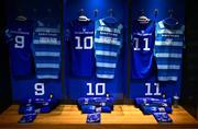 31 May 2025; The jersey of Jamison Gibson-Park, Sam Prendergast and James Lowe in the Leinster dressingroom before the United Rugby Championship quarter-final match between Leinster and Scarlets at the Aviva Stadium in Dublin. Photo by Brendan Moran/Sportsfile