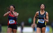 31 May 2025; Adaora Nnemeka of St Brogans Bandon, Cork, right, races ahead of Michelle Nnadi of Dominican College Taylors Hill Galway, on her way to winning the Junior Girls 100m Sprint during the 123.ie All-Ireland Schools Track and Field Championships at Tullamore Harriers Athletics Club in Offaly. Photo by Shauna Clinton/Sportsfile