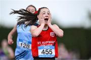 31 May 2025; Chloe McCarthy of St Aloysius Carrigtwohill, Cork, reacts to winning the Minor Girls 800m during the 123.ie All-Ireland Schools Track and Field Championships at Tullamore Harriers Athletics Club in Offaly. Photo by Shauna Clinton/Sportsfile