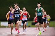 31 May 2025; Charlie O'Neill of Belvedere College, Dublin, left, attempts to maintain the lead as eventual winner, Isaac Vickers of St Brendans Killarney, Kerry, right, races by in the Inter Boys 800m during the 123.ie All-Ireland Schools Track and Field Championships at Tullamore Harriers Athletics Club in Offaly. Photo by Shauna Clinton/Sportsfile