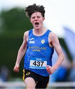 31 May 2025; Adam Rochford of Rice College Ennis, Clare, celebrates after winning the Minor Boys 75m Hurdles during the 123.ie All-Ireland Schools Track and Field Championships at Tullamore Harriers Athletics Club in Offaly. Photo by Shauna Clinton/Sportsfile