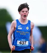 31 May 2025; Adam Rochford of Rice College Ennis, Clare, celebrates after winning the Minor Boys 75m Hurdles during the 123.ie All-Ireland Schools Track and Field Championships at Tullamore Harriers Athletics Club in Offaly. Photo by Shauna Clinton/Sportsfile
