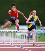 31 May 2025; Annabelle Omozce of Pobalscoil Iosoloe Palmerstown, Dublin, on her way to finishing second in the Minor Girls 75m Hurdles during the 123.ie All-Ireland Schools Track and Field Championships at Tullamore Harriers Athletics Club in Offaly. Photo by Shauna Clinton/Sportsfile