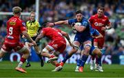 31 May 2025; Joe McCarthy of Leinster sidesteps Vaea Fifita of Scarlets during the United Rugby Championship quarter-final match between Leinster and Scarlets at the Aviva Stadium in Dublin. Photo by Brendan Moran/Sportsfile