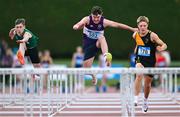31 May 2025; David Doyle of Clongowes Wood College, Kildare, centre, competes in the Minor Boys 75m Hurdles during the 123.ie All-Ireland Schools Track and Field Championships at Tullamore Harriers Athletics Club in Offaly. Photo by Shauna Clinton/Sportsfile